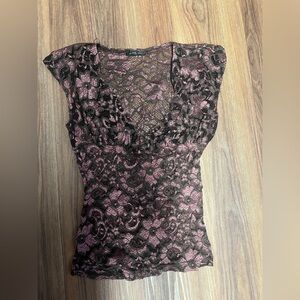 Elegant Lace Short Sleeve Top - Brown and Pink Y2k Bar Club